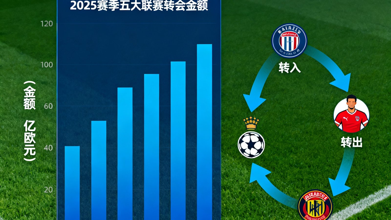 一篇关于2025赛季五大联赛转会市场分析的文章配图，画面展示转会金额柱状图和球员流动箭头示意图。