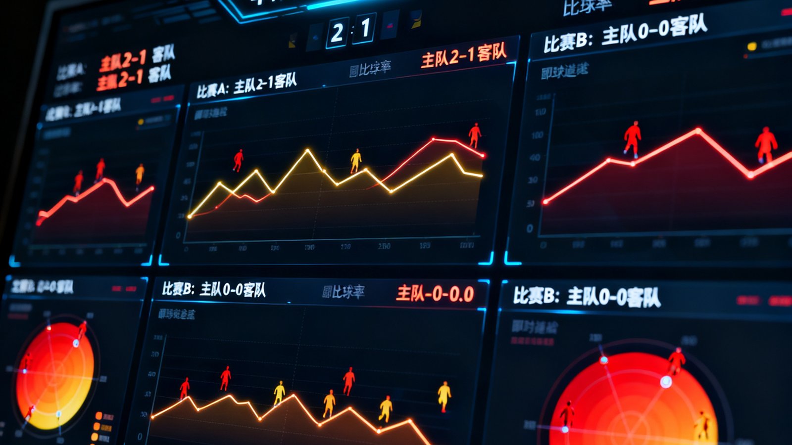 华体会赛事数据服务中心的实时数据大屏界面，展示多场足球比赛同时进行時的即时比分、控球率走势图与球员热力图，屏幕以深色背景衬托亮色数据线条，科技感十足。